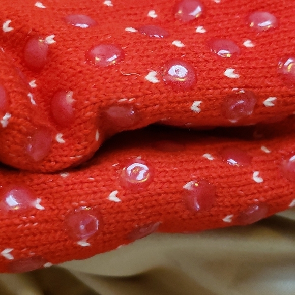 Red Faux Sherpa Knit Slipper Socks with Fairisle Deer Pattern and Traction Dots - Picture 3 of 5